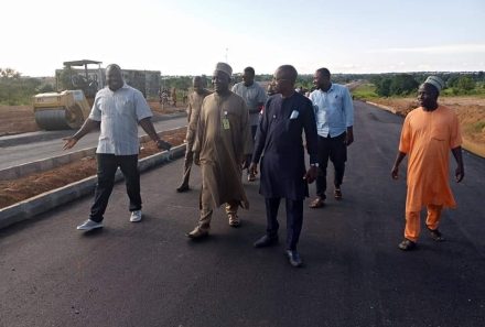 Prof. Muhammad Sanusi Liman, Vice-Chancellor, Federal University of Lafia, inspecting the on-going road network at the permanent site campus, Federal University of Lafia.