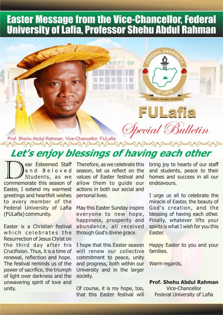 Easter Message from the Vice-Chancellor, Federal University of Lafia, Professor Shehu Abdul Rahman